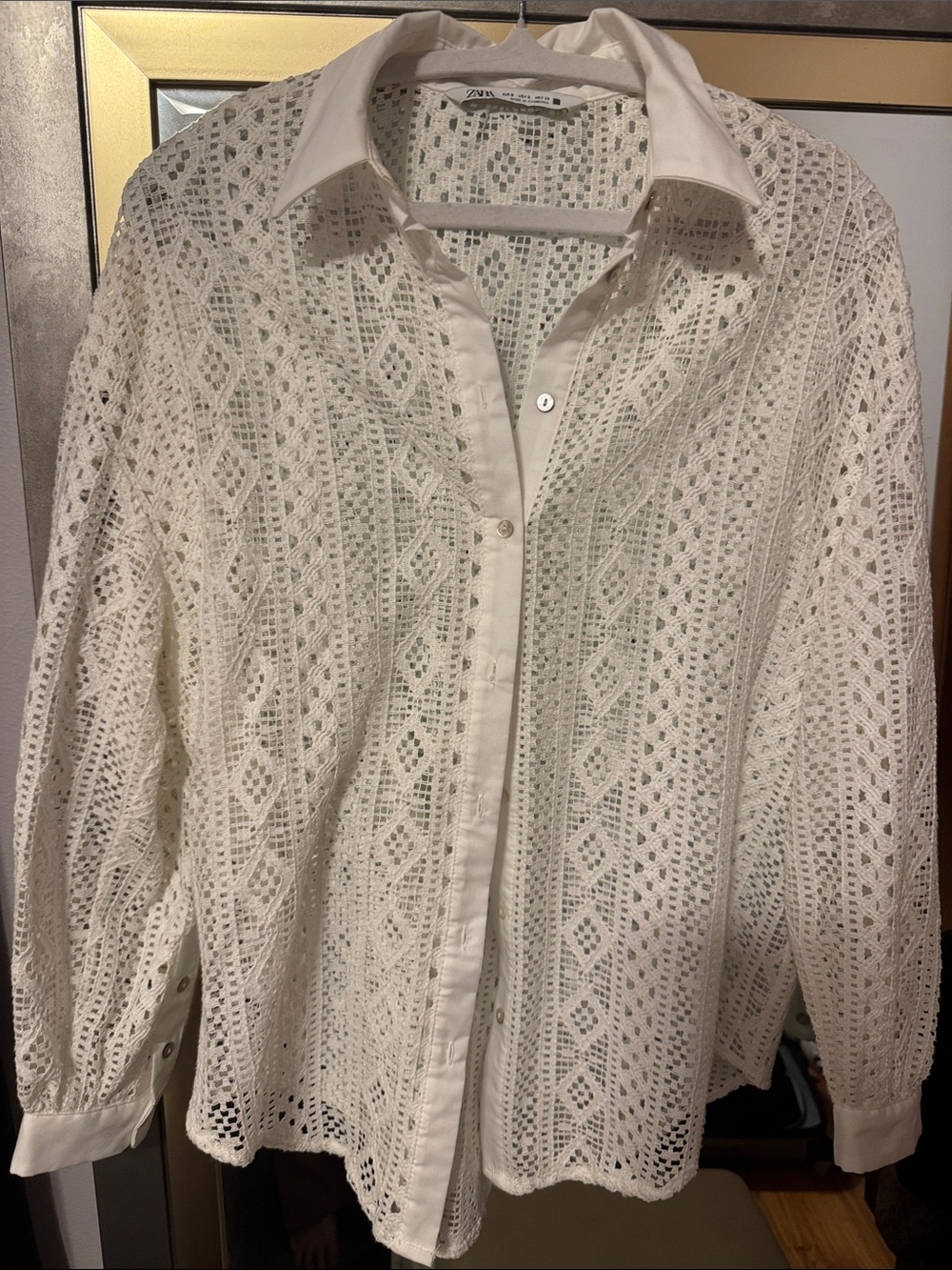 Zara Crochet Lace white Button-Down Blouse